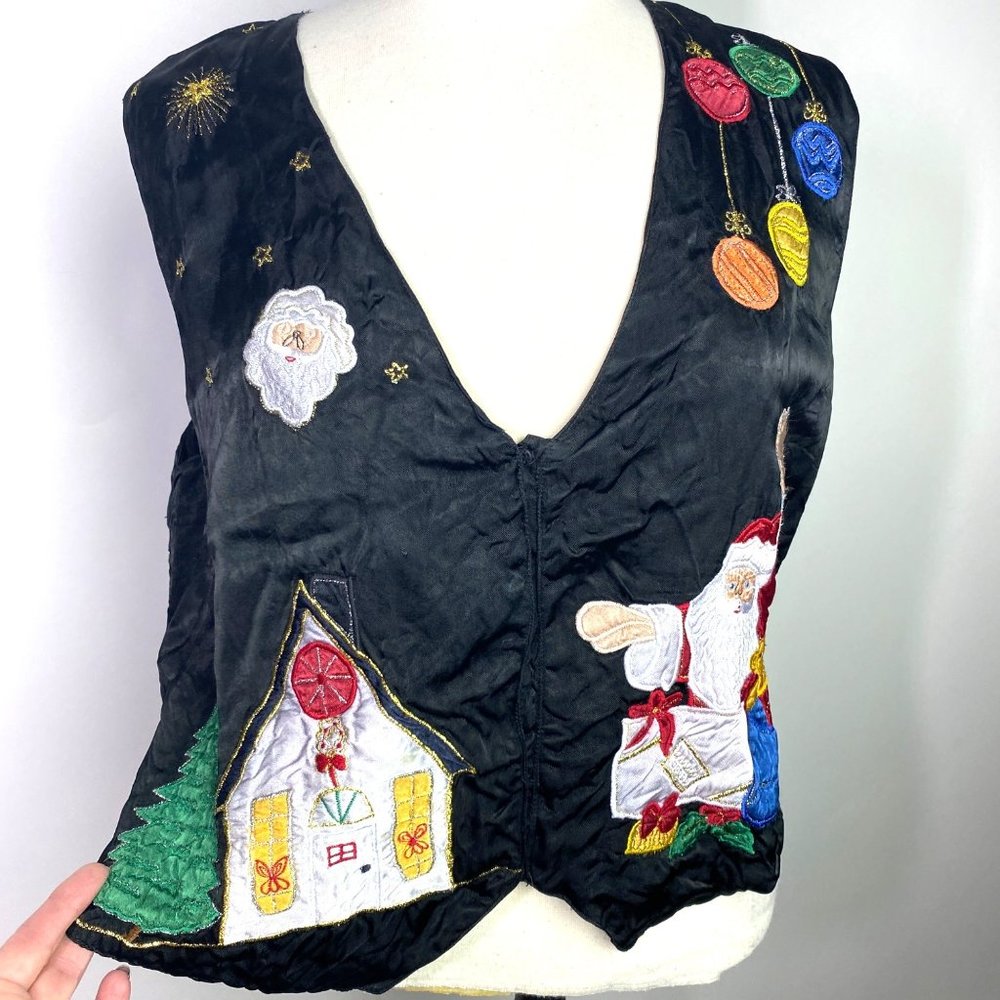 vintage SAVVY by Margot Thompson ugly Christmas vest gold bulbs Santa church M